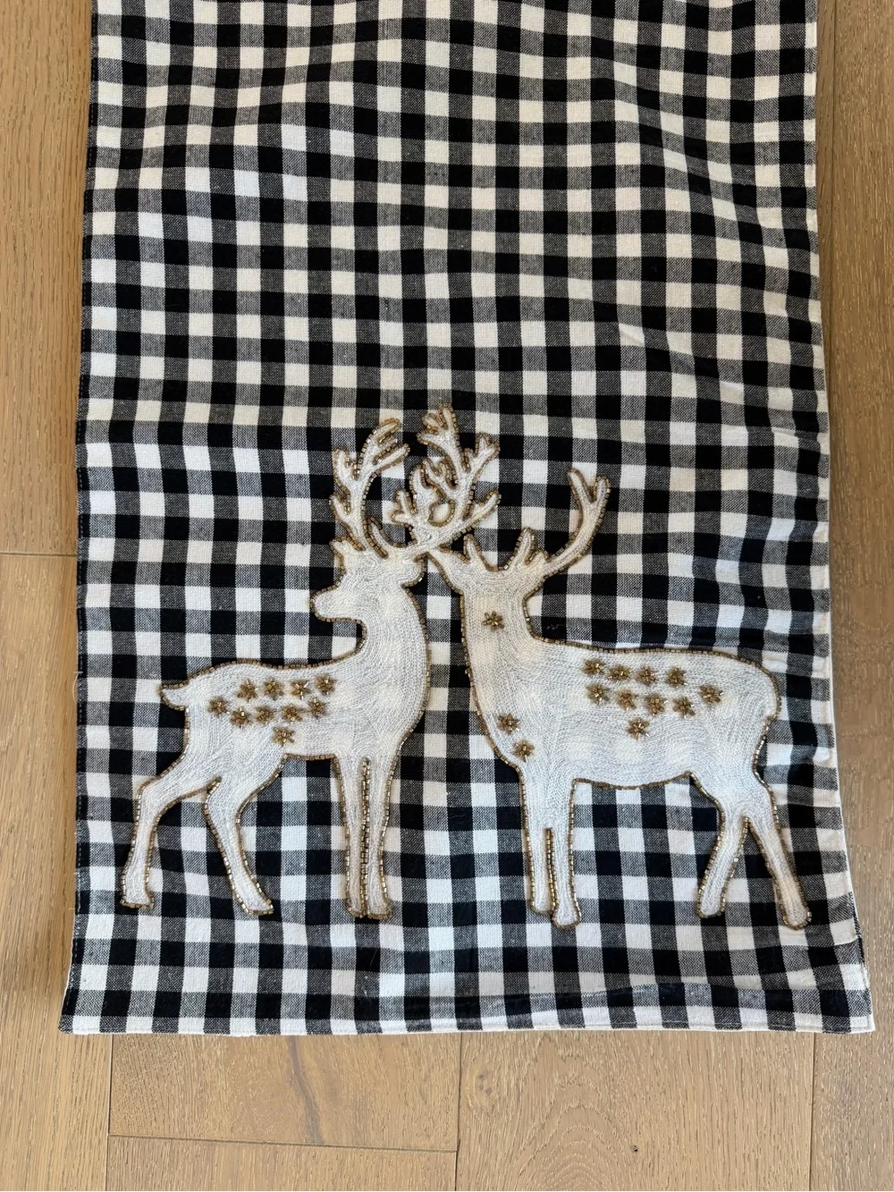 Black White Buffalo Check Beaded Reindeer Christmas Table Runner